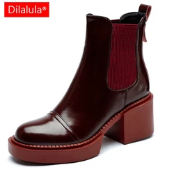 Dilalula 2025 Winter Genuine Leather Chelsea Boots Women Shoes Retro Round Toe Women Platform Thick Heels Short Booties Autumn