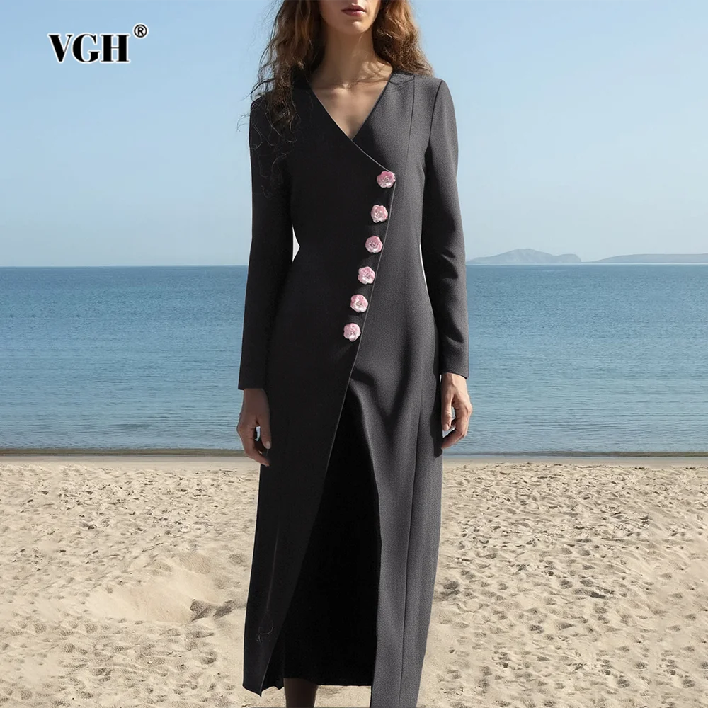 

VGH Casual Slimming Spliced Appliques Solid Blazers For Women Round Neck Long Sleeve Autumn Chic Jacket Female Fashion Style New