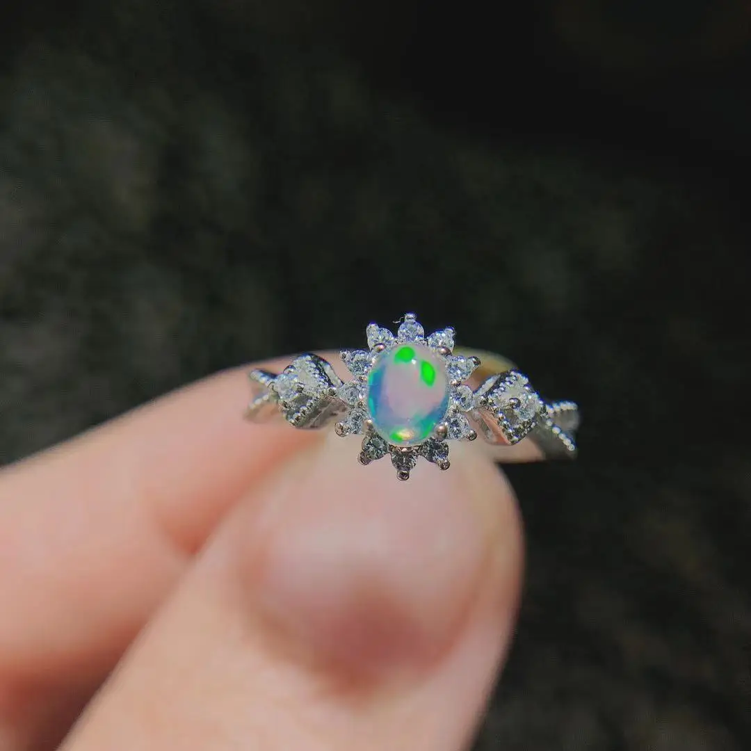 Natural Opal opal ring full body 925 silver inlaid ring simple design girl ring accessories