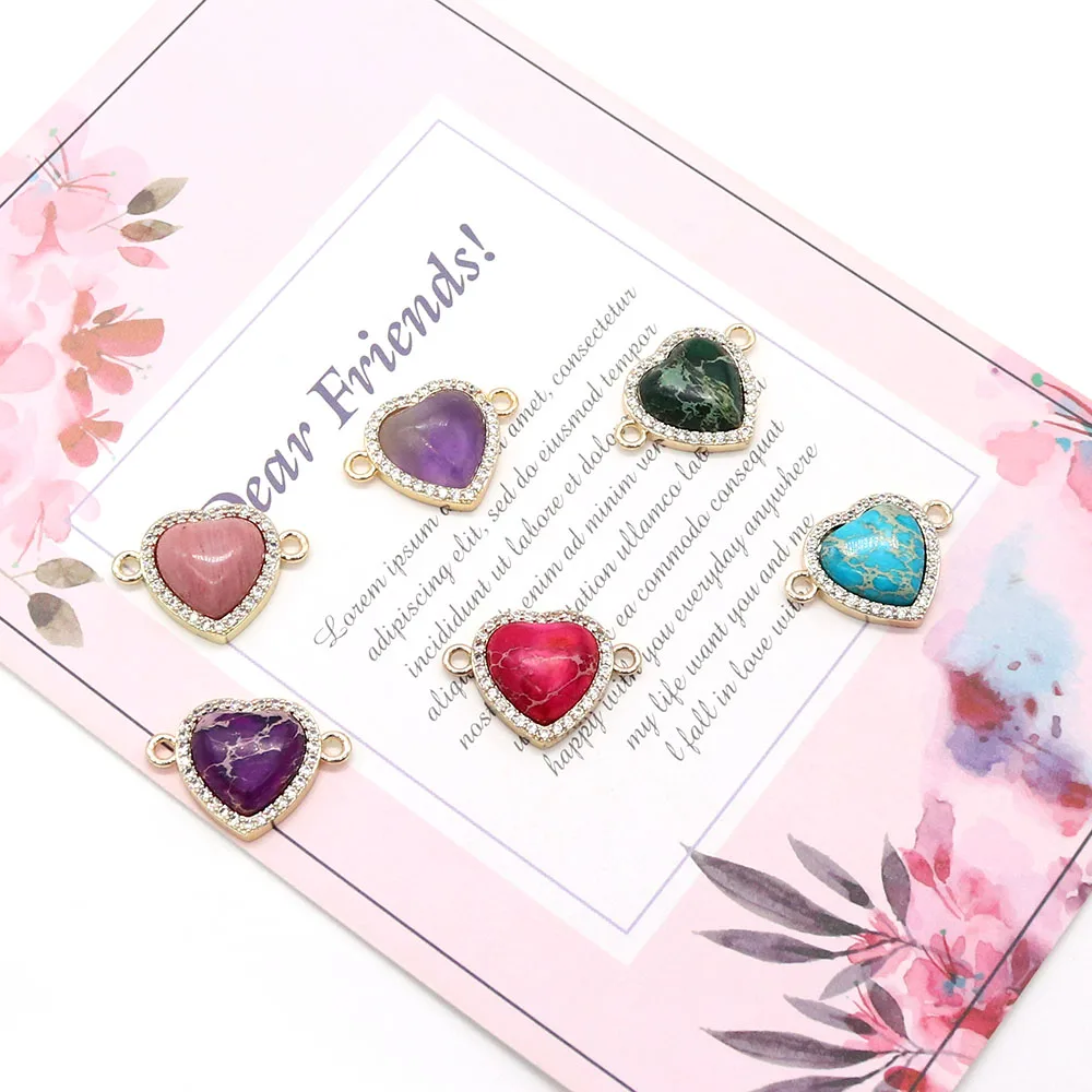 

15x21mm Heart Shape Natural Stone Double Holes Pendants Multi-color Emperor Stone Handmade Creative Necklace Jewelry Connector