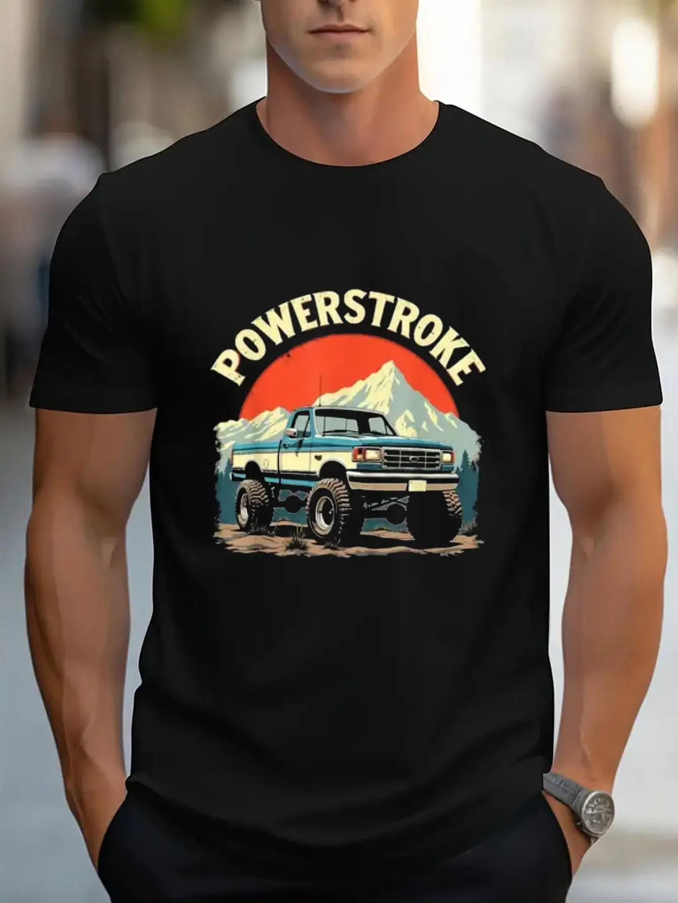 

Vintage POWERSTROKE Graphic T-Shirt - Retro Truck & Mountain Landscape Design, Black Short Sleeve Tee for Truck Enthusiasts