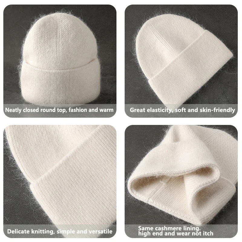 2024 Angora Winter Hat For Womens Rabbit Fur Fluffy Knitted Beanies Hat Bonnet Female Soft Warm SKI Skullies Beanies