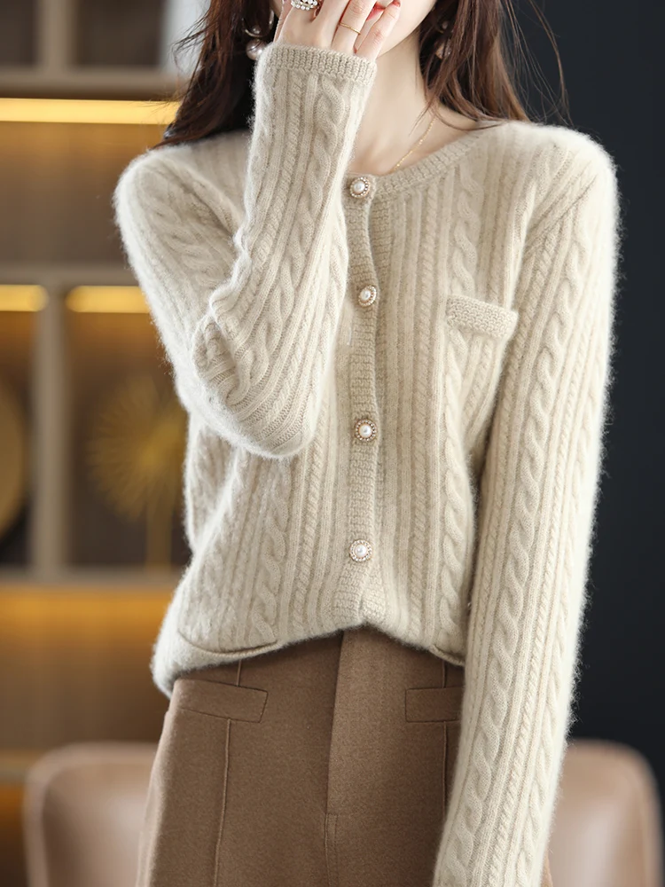 

Autumn Winter Women Long Sleeve Cardigan 100% Merino Wool Sweater O-neck Twist Thick Cashmere Kintwear Female Clothing Tops