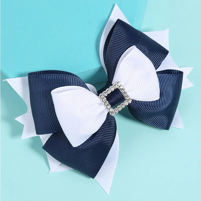 ncmama 3-Layer Blue White Ribbon Bow Hairpin Rhinestones Hair Bows Clip for Kids Girls Barrettes Girl Hair Accessories Headwear