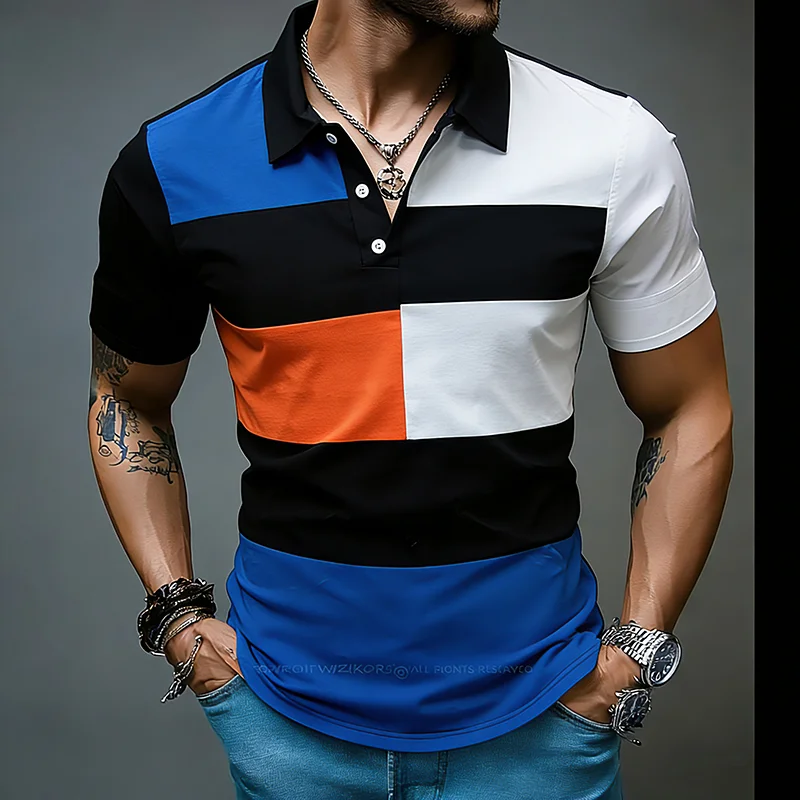 Camisa Polo Masculina de Verão Streetwear de Luxo 2026, Camiseta Elegante com Patchwork Colorido, Camisa Polo Vintage para Golfe Masculino