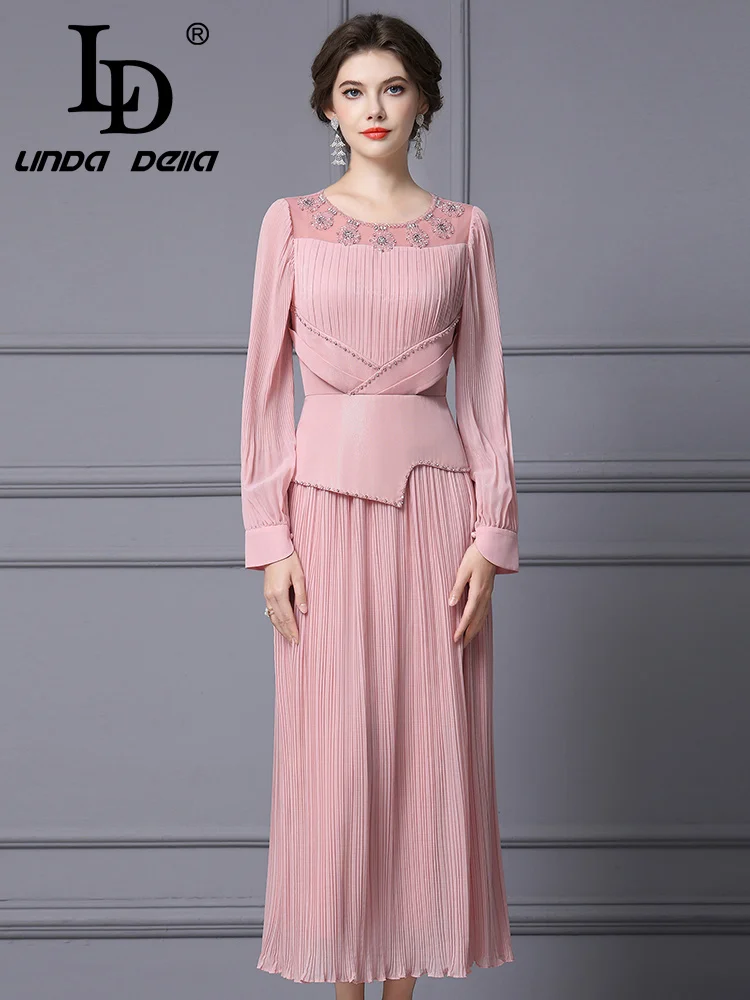 تنورة LD LINDA DELL ذات ثنيات على شكل خرز أظافر وردي كريمة وجوية ورقبة دائرية وأكمام طويلة بقصة ضيقة فستان عصري عالي