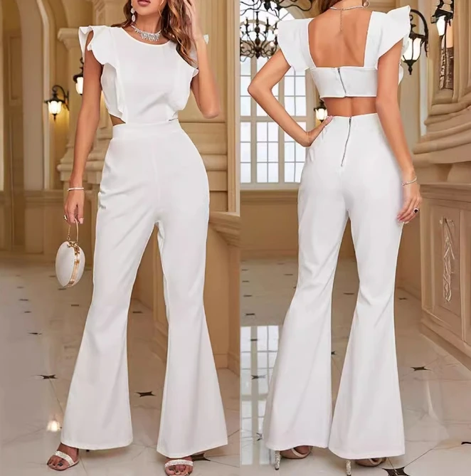 New Fashion Women\'s White Ruffled Jumpsuit Temperament Commuting Female Clothes Summer Women Thin Elegant High Waist Jumpsuits