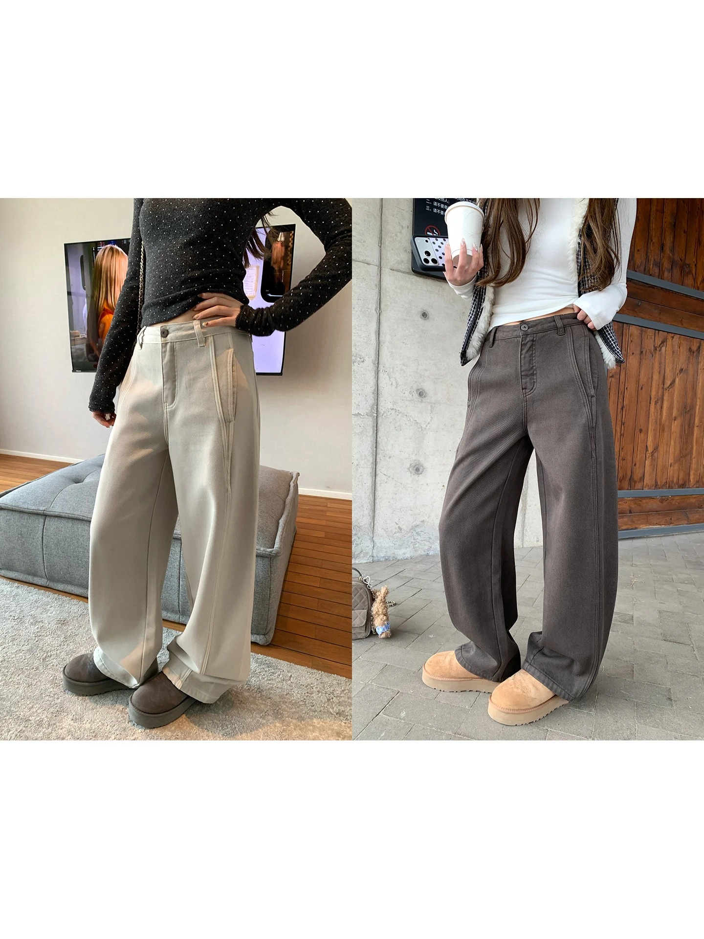 

Slimming Fce Lined Lenzing Cotton Blend Denim Pants Women Winter Drape Wide Leg Jeans l Waist Simple Sle Casual Wear