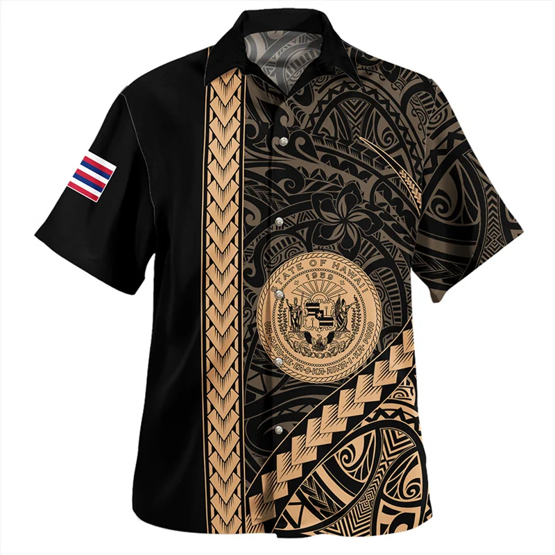 Harajuku New 3D Amercian Polynesian Hawaii Flag Printing Shirts Men Hawaii Coat Of Arm Graphic Short Shirts Fashion Clothes Top