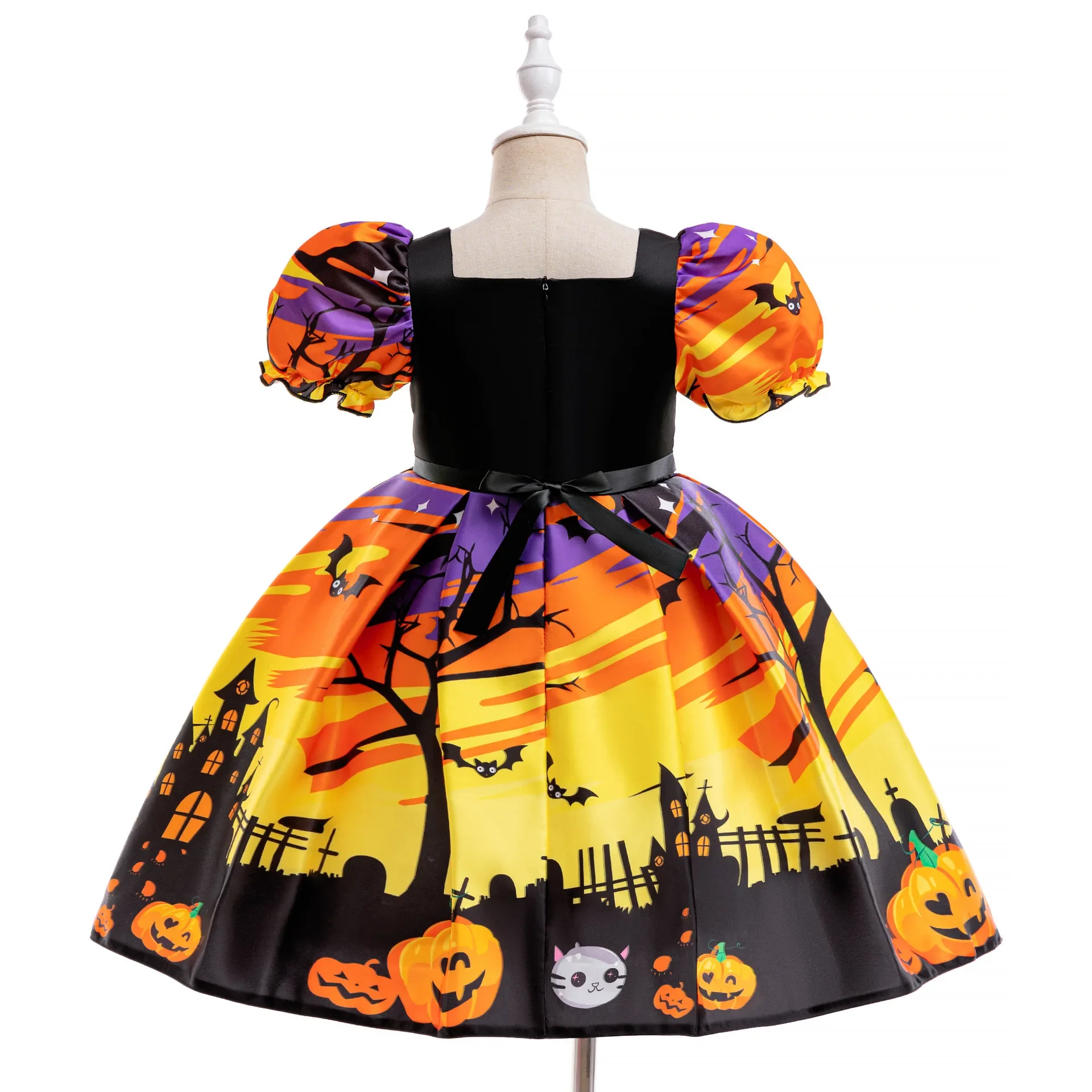 New Girls Halloween Dress Witchy Witch Pumpkin Spooky Skull Print Party Gift Little Princess Dress 4 5 6 7 8 Years Kids Clothes