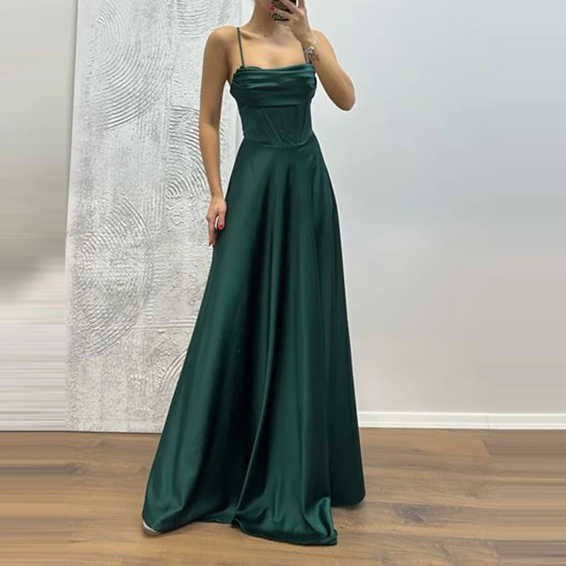 Vestido elegante sin mangas de Color liso para mujer, vestido de noche con tirantes y hombros descubiertos, vestido ajustado de cintura alta de satén