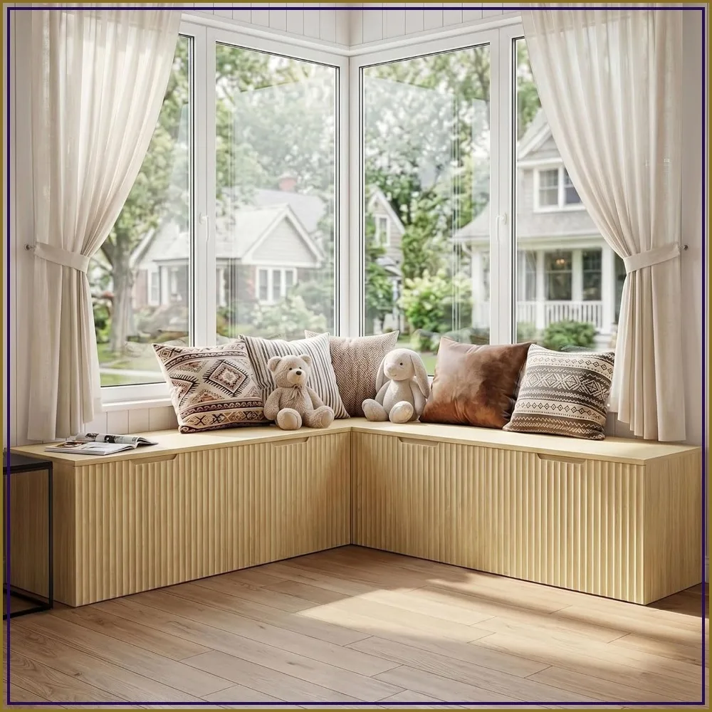 L-Shaped Storage Bench with Hidden Compartment, Corner Dining Bench, Soft-Close Hinges, Oak