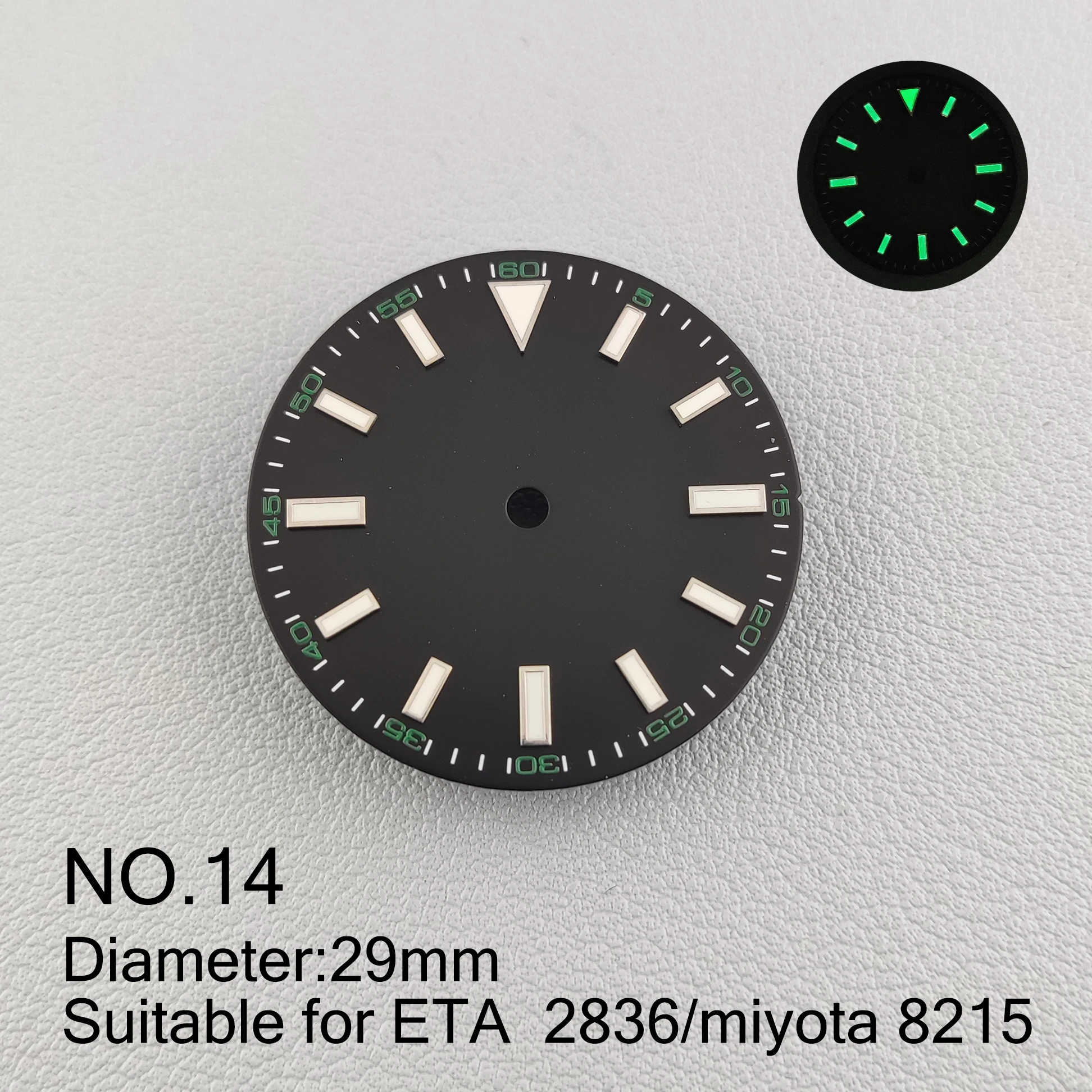 

Watch Parts 29mm Clock Dial Green Luminous Dial Fits ETA 8215 2836 Mingzhu DG 2813 Miyota8215 821 Amovement NO.14