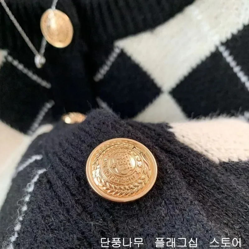 Deeptown Vintage Plaid Knit Cardigan Women Y2k Korean Fashion Autumn Old Money Short Sweater Harajuku O Neck Jumper Aesthetic