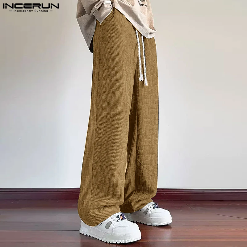 INCERUN 2025 Korean Style Trousers Fashion Men's Personality Printed Square Straight Wide Leg Pants Casual Streetwear Pantalons