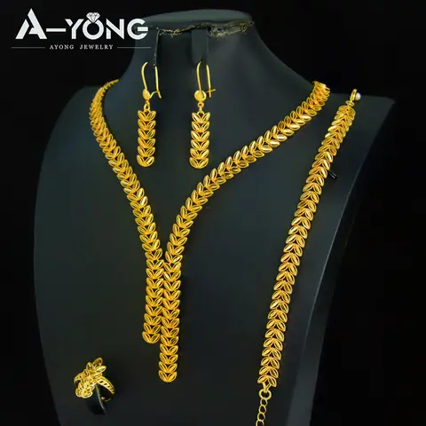 Luxury Dubai Wedding Jewelry Set 24k Gold Plated Oman Bridal Tassel Necklaces Bracelet Earrings Nigeria Women Vintage Jewelrys