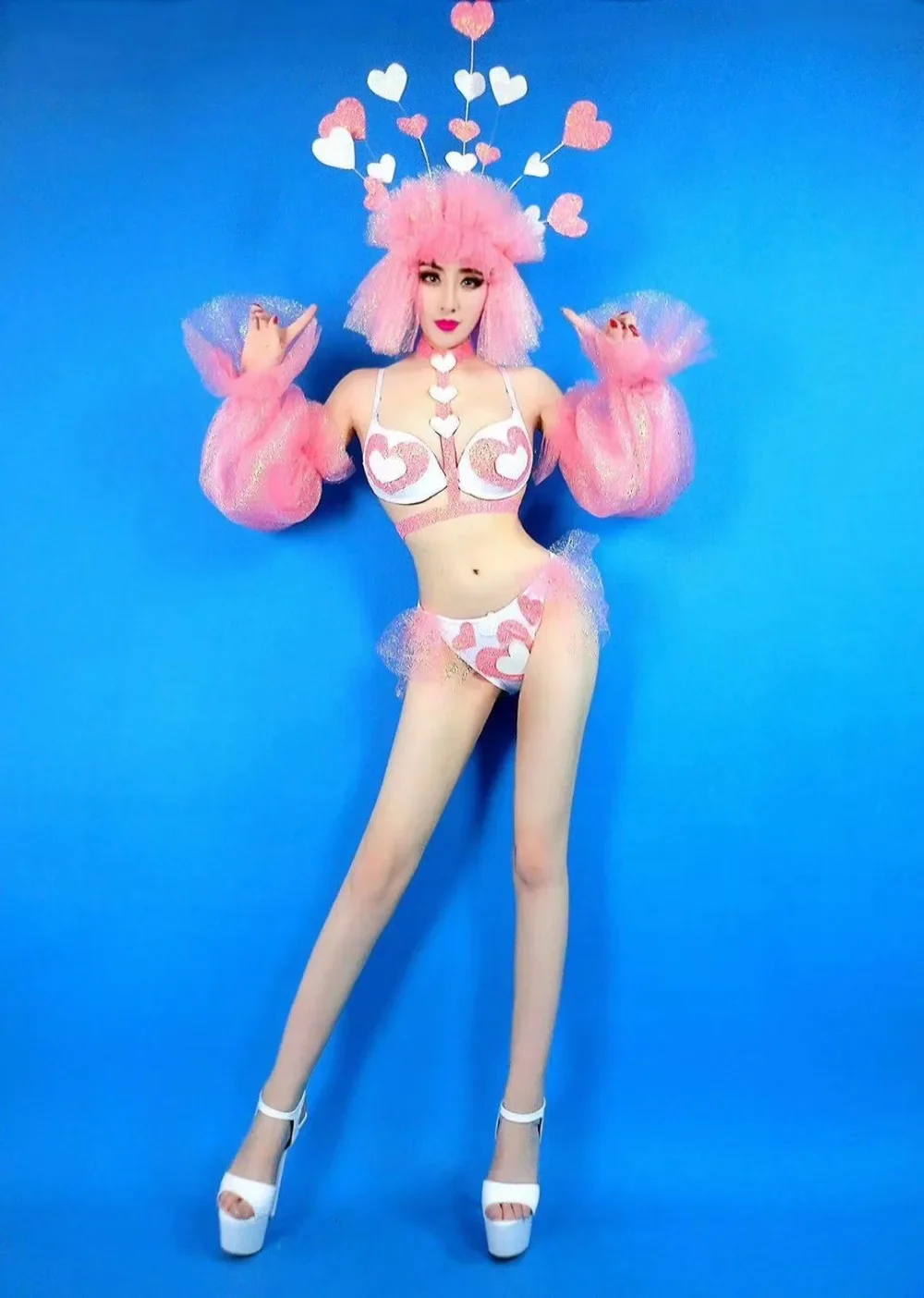 Nachtclub GOGO Tanzkostüm Bikini Kopfbedeckung Sängerin tragen Performance Puffärmel Set Rave Valentine Festival Kleidung