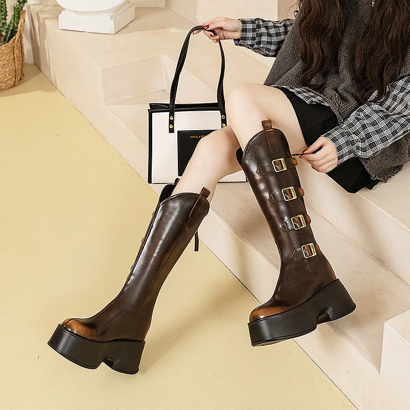 Fujin 11cm Microfiber Genuine Leather High Top Boots Autumn Zipper Fashion Women Booties Knee High Platform Wedge Spring Shoes