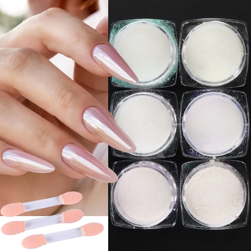 6ชิ้น/เซ็ต Pearl Nail Powder Shimmer Glitter สีขาวสีชมพูสีม่วง Aurora ถูฝุ่นกระจก Chrome เล็บเล็บเล็บ GLY451-459