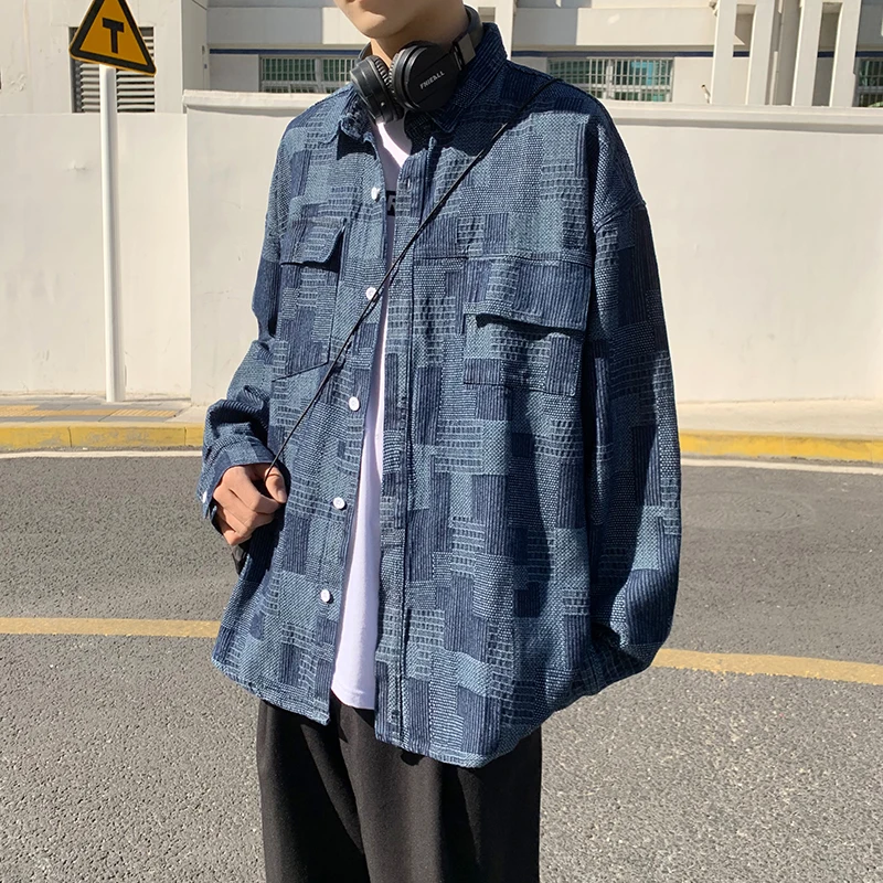 레트로 INS 데님 루즈핏 롱 슬리브 남성용 홍콩 스타일 여름 한국 버전 워크웨어 자켓 코튼 체크 패턴