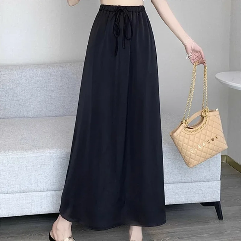 Fashion Elastic Lace Up All-match Solid Color Satin Skirts Female Clothing 2024 Summer New Loose Casual High Waist Skirts A805