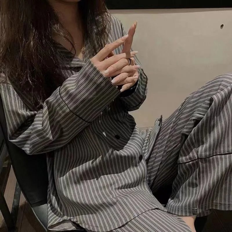 2024 New Cardigan Simple Pajamas Women Spring Autumn Sleepwear Striped Student Homewear Suit V-neck Loose Thin Loungewear