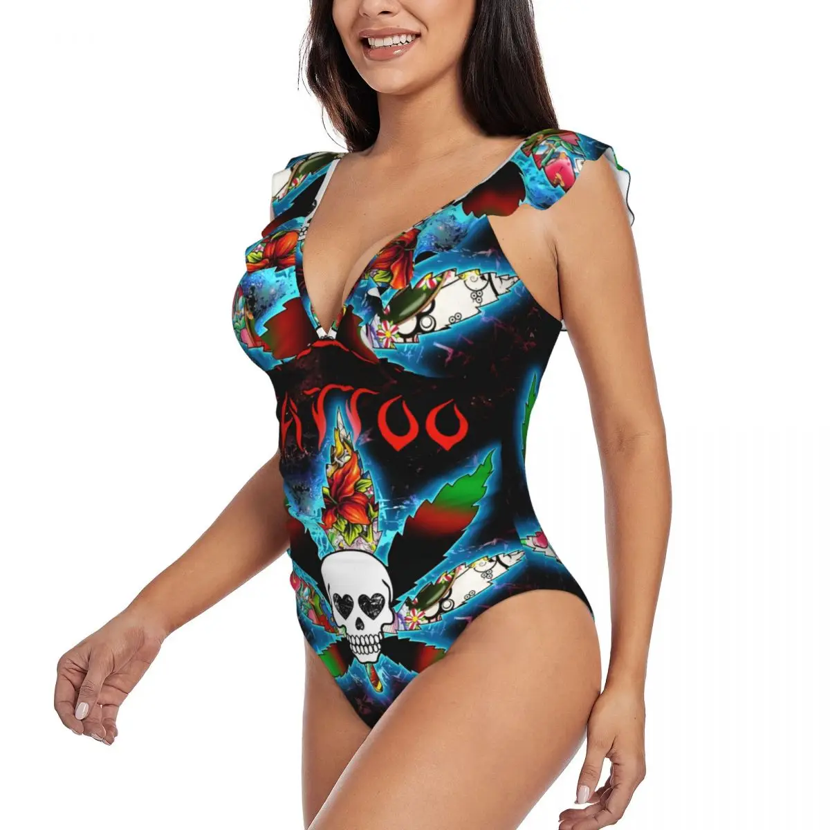 Sexy One Piece Swimsuit 2024 Women Ruffled Swimwear Skull Rasta Leaves Monokini Female Bodysuit Girl Beach Bathing Suit