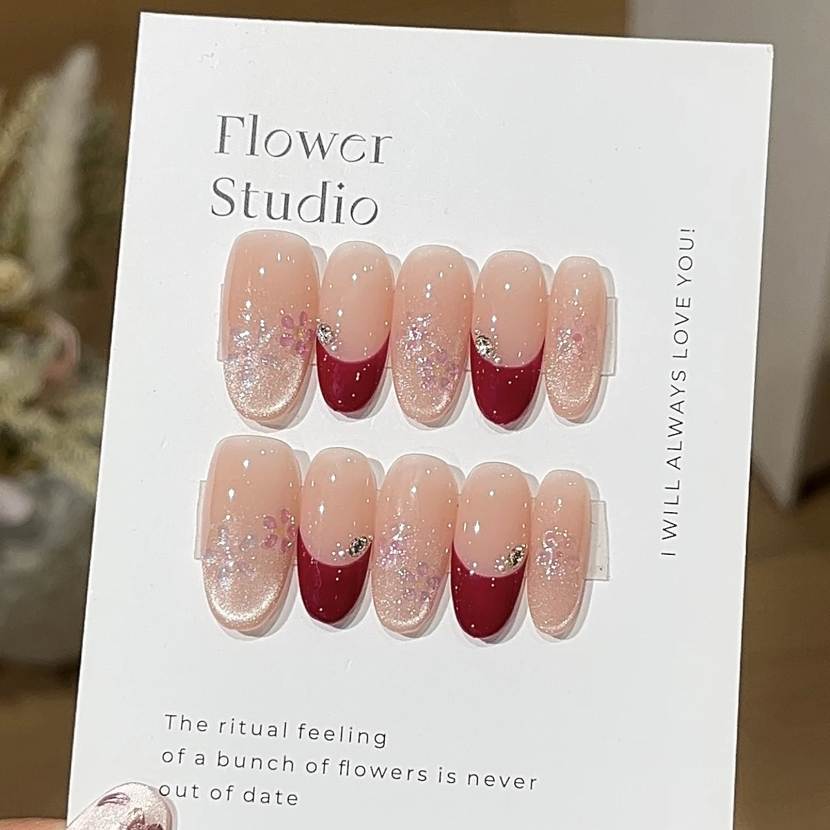 

10Pcs Handmade Nails Press On Mid-length Oval Fake Nail Art Pink Crystal Flower French Nail Stickers Full Cover Wearable Girls