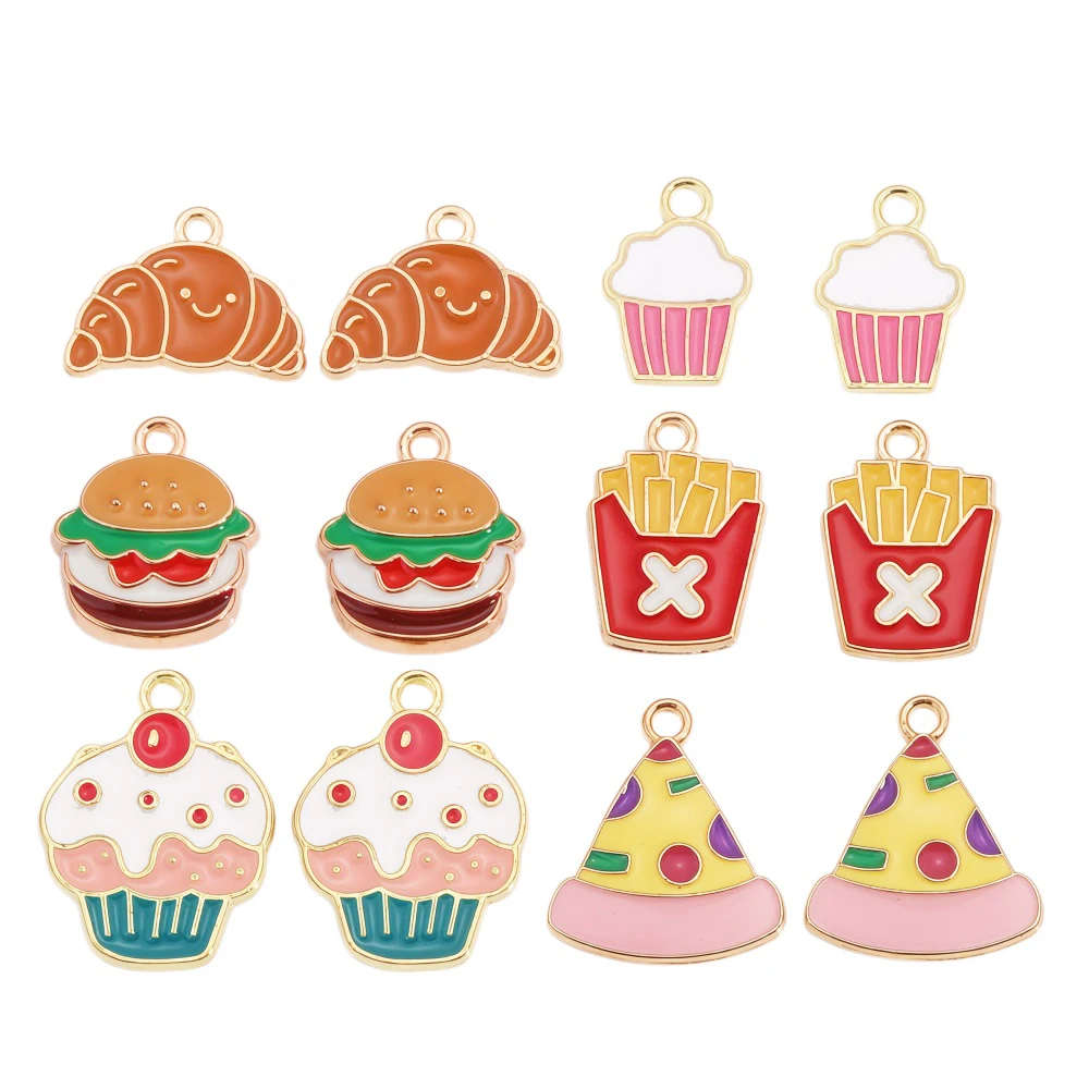 15Pcs/Set Cute Food Charms Enamel Burger Fries Cake Pendants for DIY Jewelry Making Necklace Earrings Keychain Craft Supplies