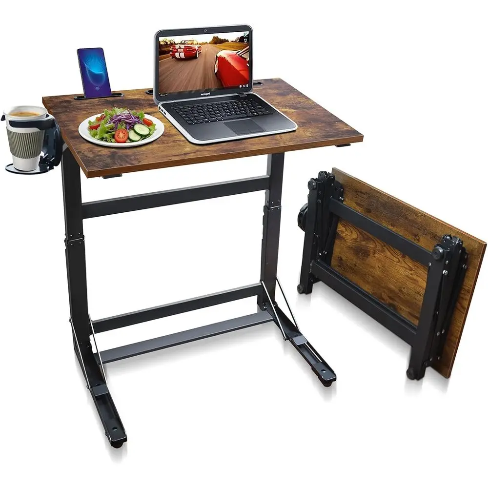 

Wide C-Shaped TV Tray Table with Cup Holder & Device Slots, Portable Laptop Desk for Eating, Working, Bed, Rustic Wood
