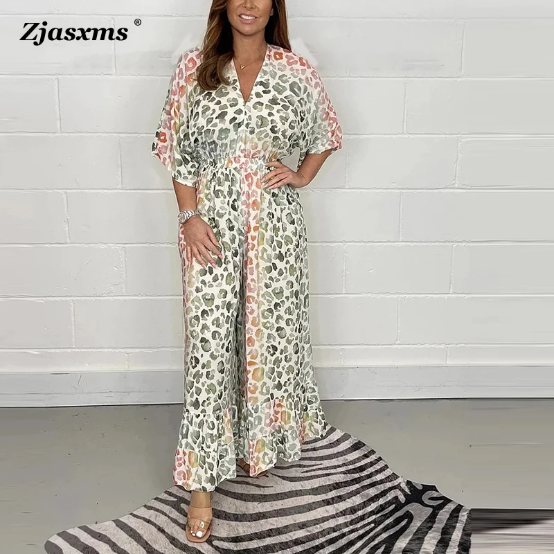 Elegant Women Half Sleeve High-Waisted Print Jumpsuits Sexy Lady Low V Neck Backless Romper Fashion Summer Casual Loose Playsuit