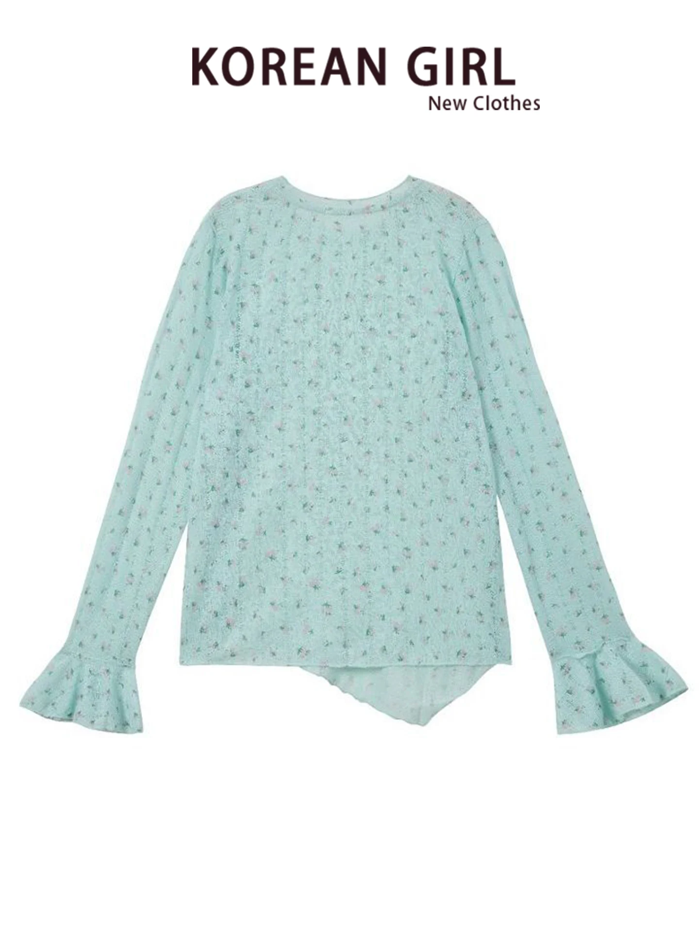 Green Floral Long Sleeve T-Shirt Women's Thin Design Sense Flared Sleeve Cover up Forest System Top Korean Style Freshness