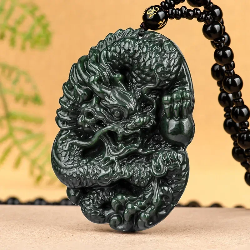 Mai Chuang/ Natural Hetian Cyan Jade Dragon Playing with Beads Necklace Pendant Hand-carved Men and Women Fine Jewelry Gifts