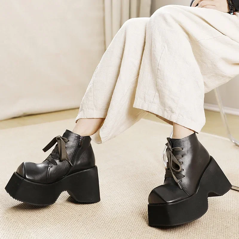 Fujin 10.5cm Comfy Boots Woman Ethnic Platform Ankle Boot Spring  Big Strange Toe Genuine Leather Autumn Fashion Shoes Moccasins