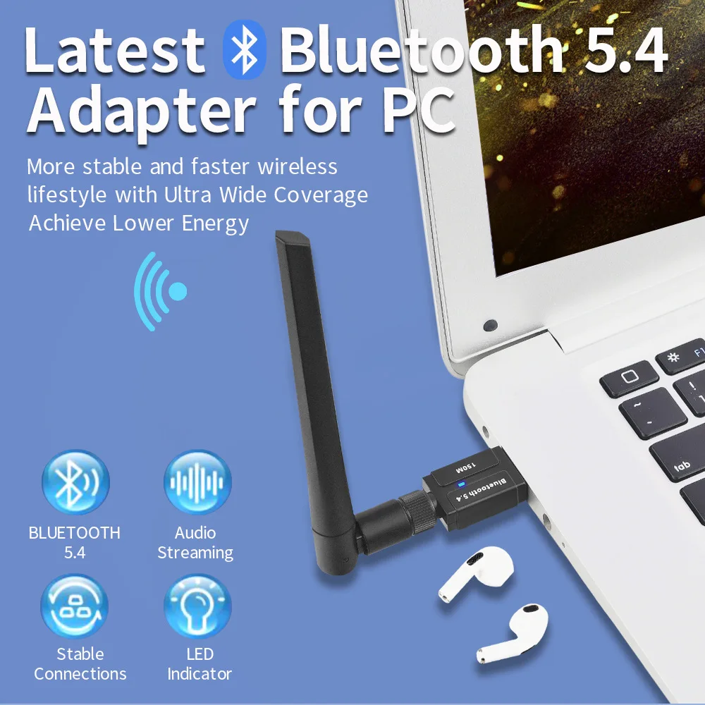 USB Bluetooth 5.4 5.3 Adapter 150M Dongle for PC Wireless Mouse Keyboard Music Audio Receiver Transmitter Bluetooth