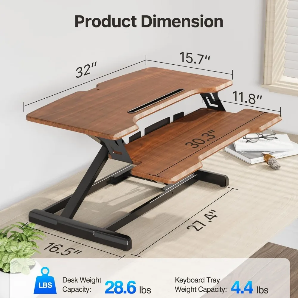 Height Adjustable Sit Stand Desk Riser, Quick Sit to Stand Tabletop Dual Monitor Riser Workstation for Home Office with Keyboard