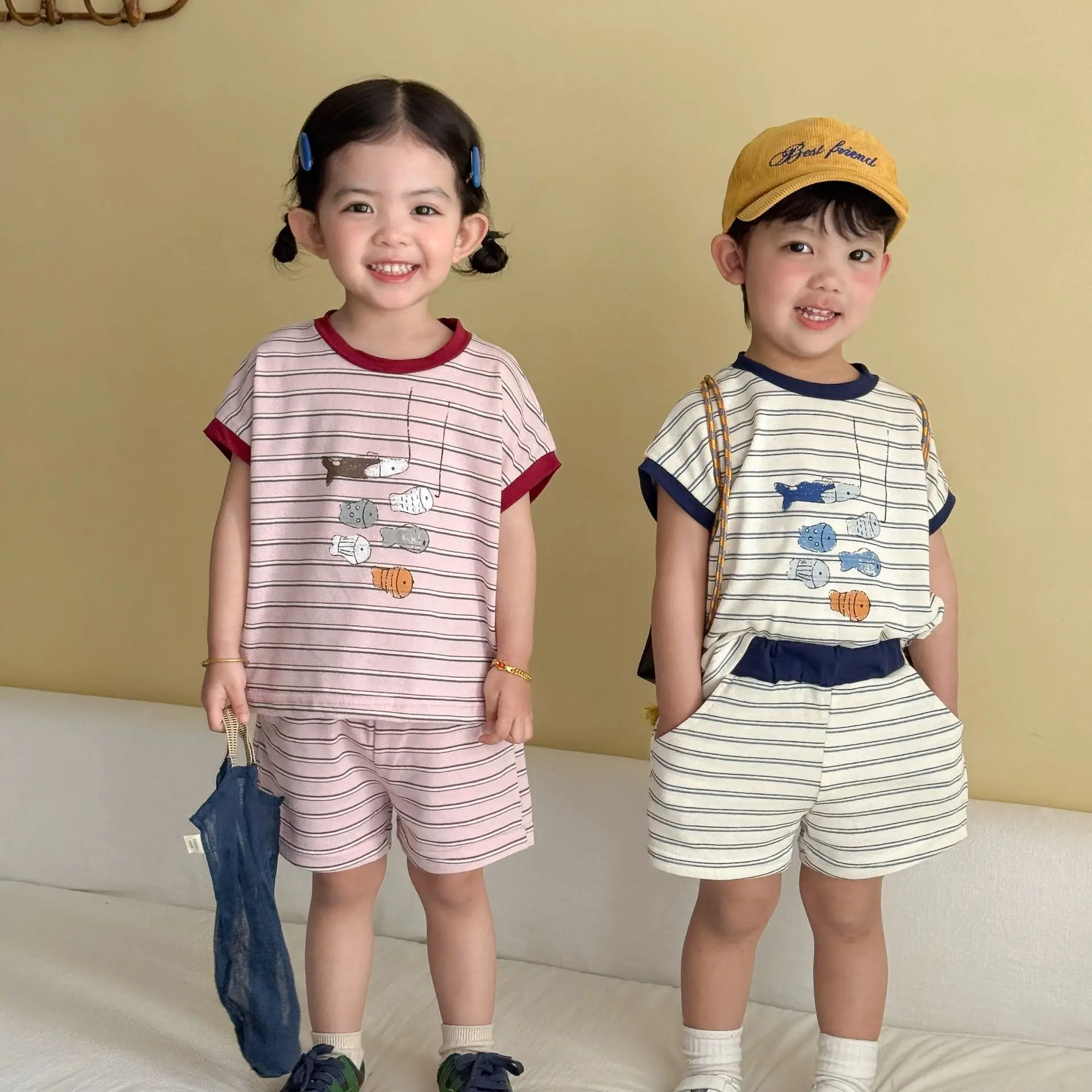 2026 Summer New Children Short Sleeve Striped Clothes Sets Boys Girls T Shirts and Shorts 2pcs Set Kids Sport Suit Baby Outfits
