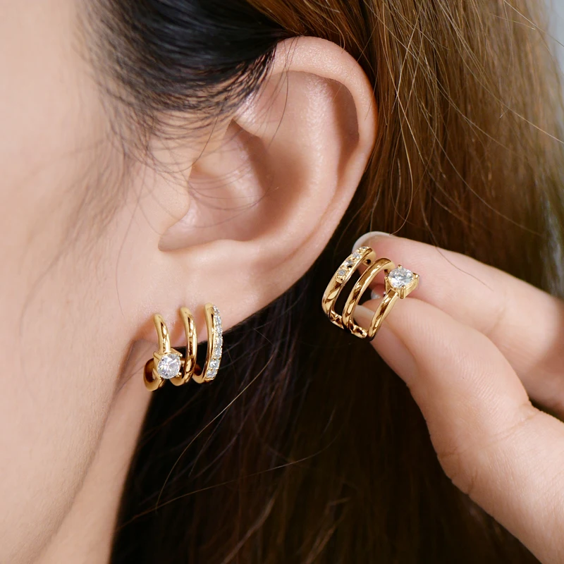 OXTAO جولة مويسانيتي الأطواق أقراط موضة نصف المفتوحة الكفة الحقيقية 925 الفضة ثقب وأقراط مجوهرات هدية للنساء