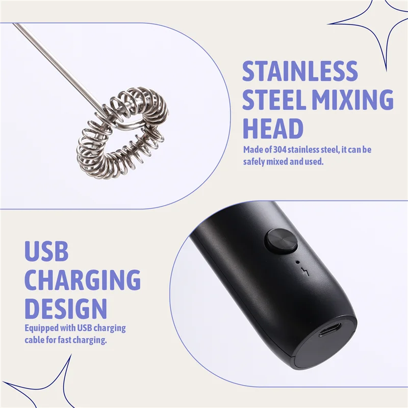 AT29-Handheld Electric Milk Frother USB Rechargeable Mini Foam Maker Drink Mixer Whisk Beater For Coffee Latte Matcha