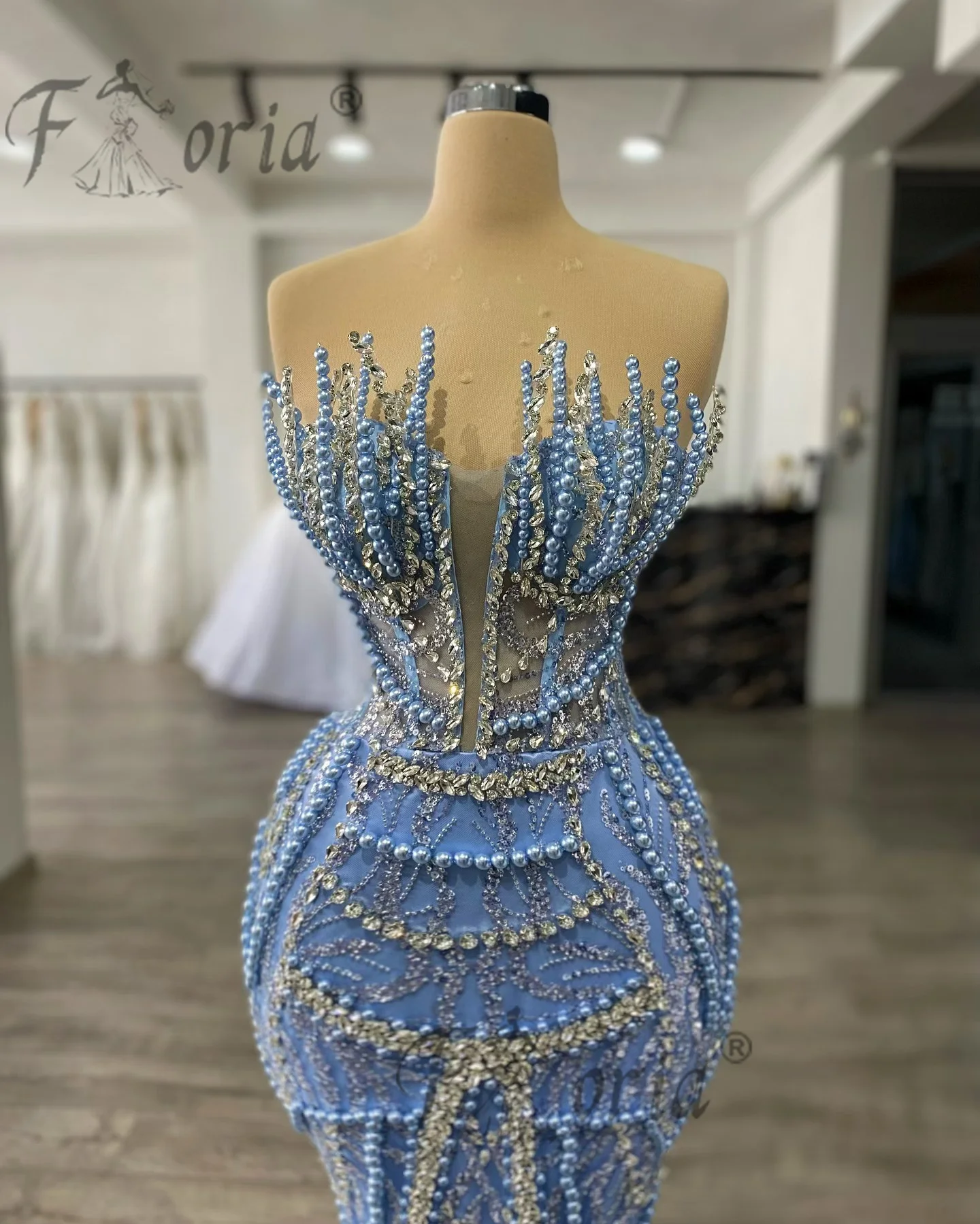 Luxury Beaded Crystal Customized Prom Dresses Pearls Strapless Mermaid Wedding Engagement Gown Appliques Couture Evening Gowns