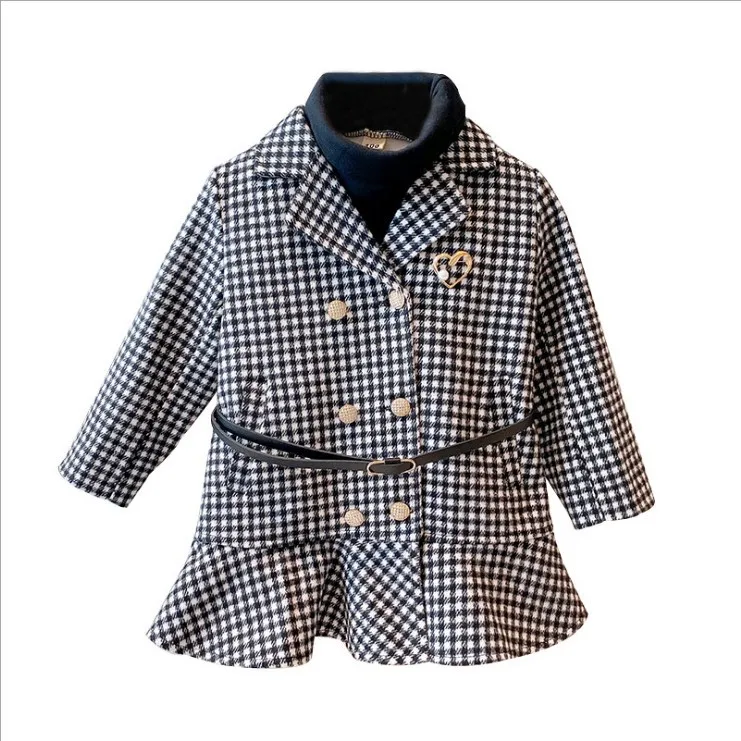 Hot Sale Winter Girls Coats Black Plaid Double Breasted Thick Kids Jackets with Waistband Turndown Collar Baby Outwears