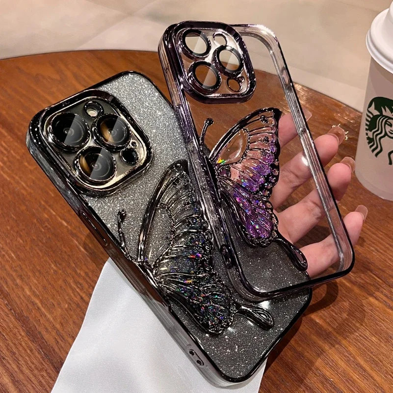 Luxury Quicksand Glitter Butterfly Case for iPhone 11 12 13 14 15 Pro Max 16 Pro 14Pro Max Shinny Bling Clear Plating Soft Cover