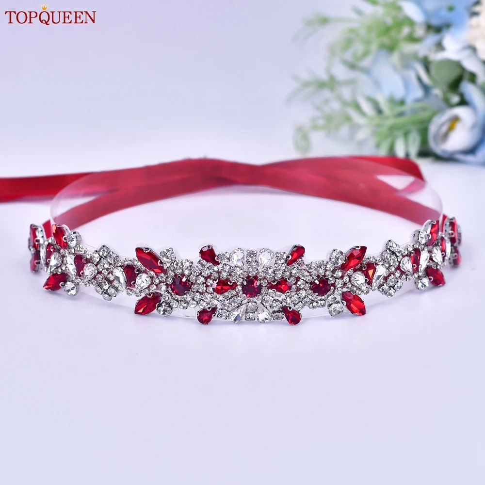 TOPQUEEN Bridal Thin Waistband Fashion Red Gemstone Handmade Belt Jewelry Applique Banquet Dress Waist Trim S51-Red