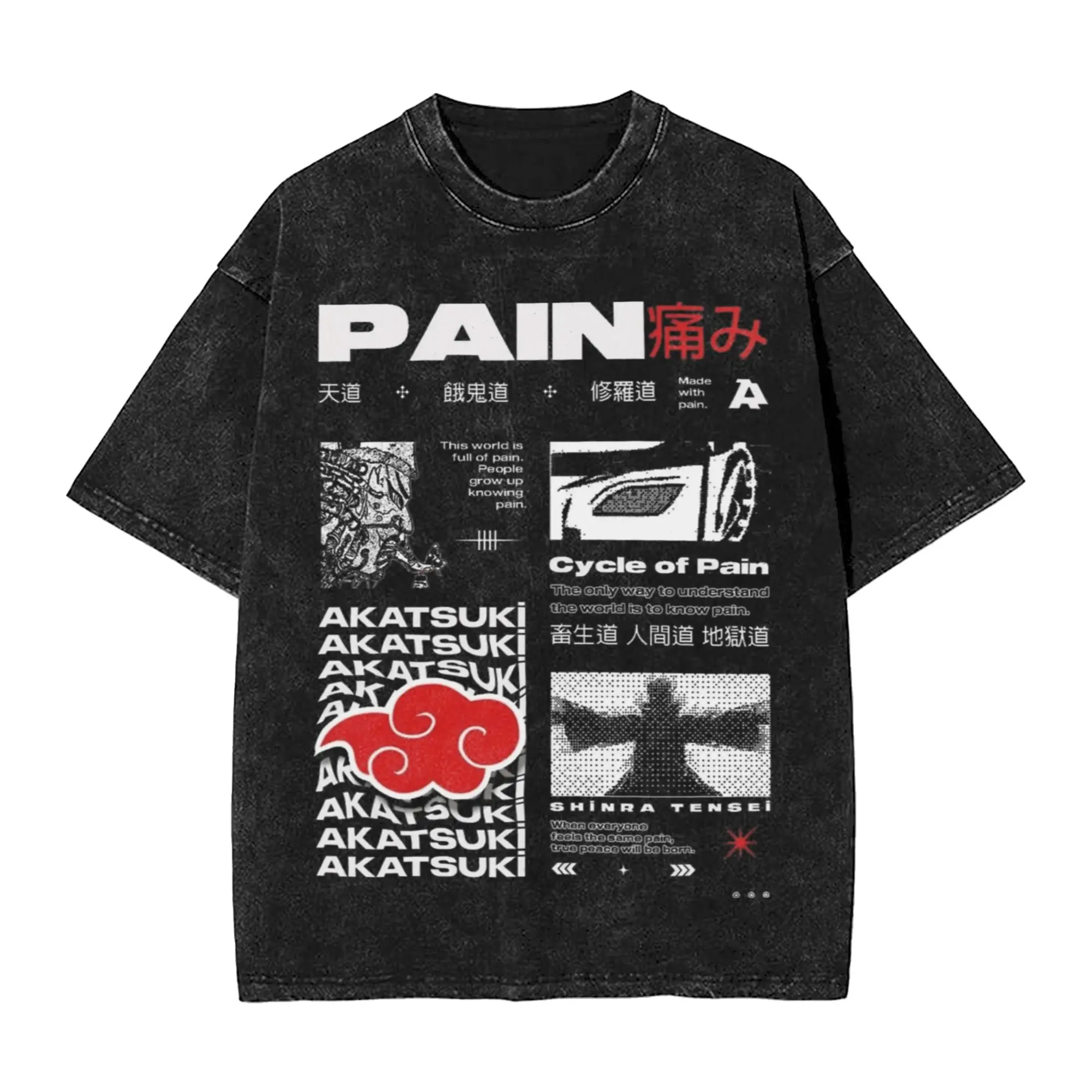 made in pain Narutoes Anime Washed T Shirt Streetwear Hip Hop T-Shirts Tee Shirt for Men Women Short Sleeve Harajuku Summer