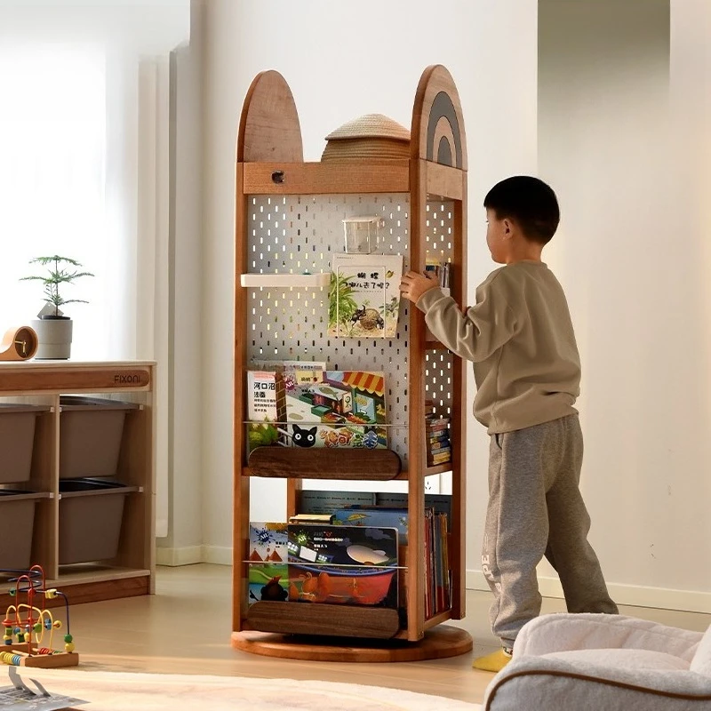 

Rotating bookshelf 360-degree solid wood thickened picture book display rack baby storage reading area