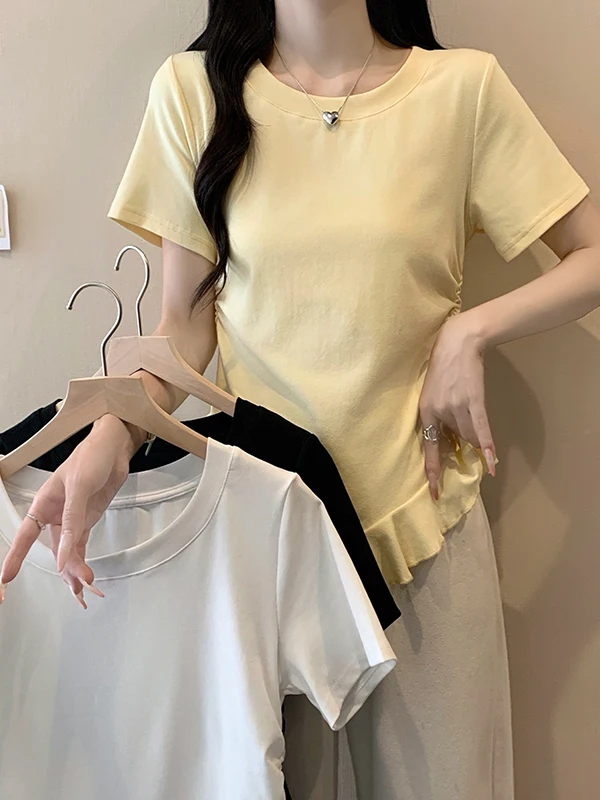 

plus Size Women's T-Shirt Summer New Style Slimming Versatile Short Sleeve Irregular Design Korean Style Commute round Neck Top