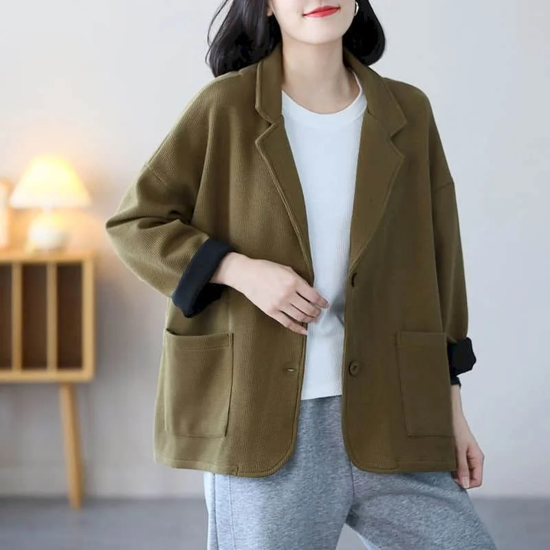 Waffle Blazers for Women Long Sleeve Casual Jackets Korean Style Outerwears Vintage Oversized Tailored Collar Coats Women Tops