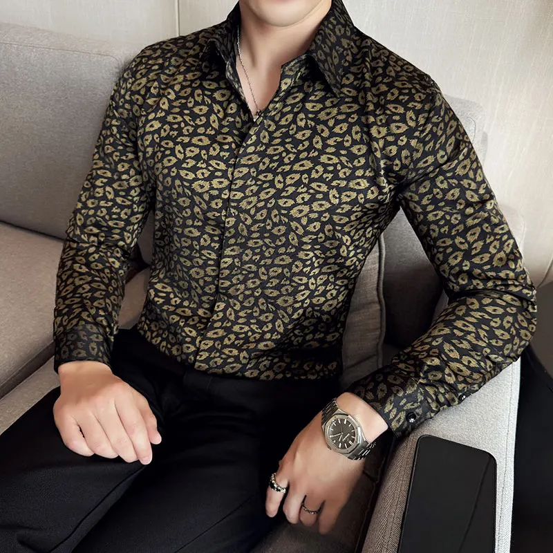 Fashion Sexy Leopard Print Shirt for Men Long Sleeve Personalized Casual Shirt Social Party Stage Performance Nightclub Shirt