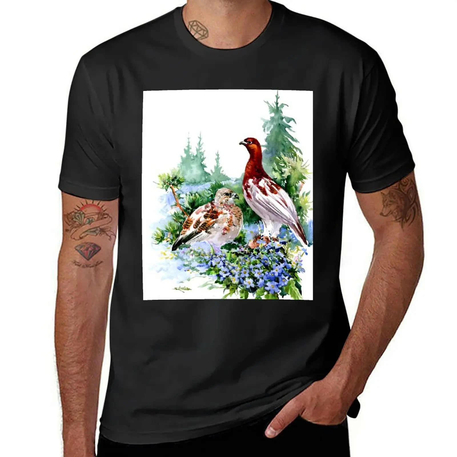 Alaska State Bird and Flowers, Willow Ptarmigan and Forget Me Nots T-Shirt hippie clothes aesthetic clothes mens clothing