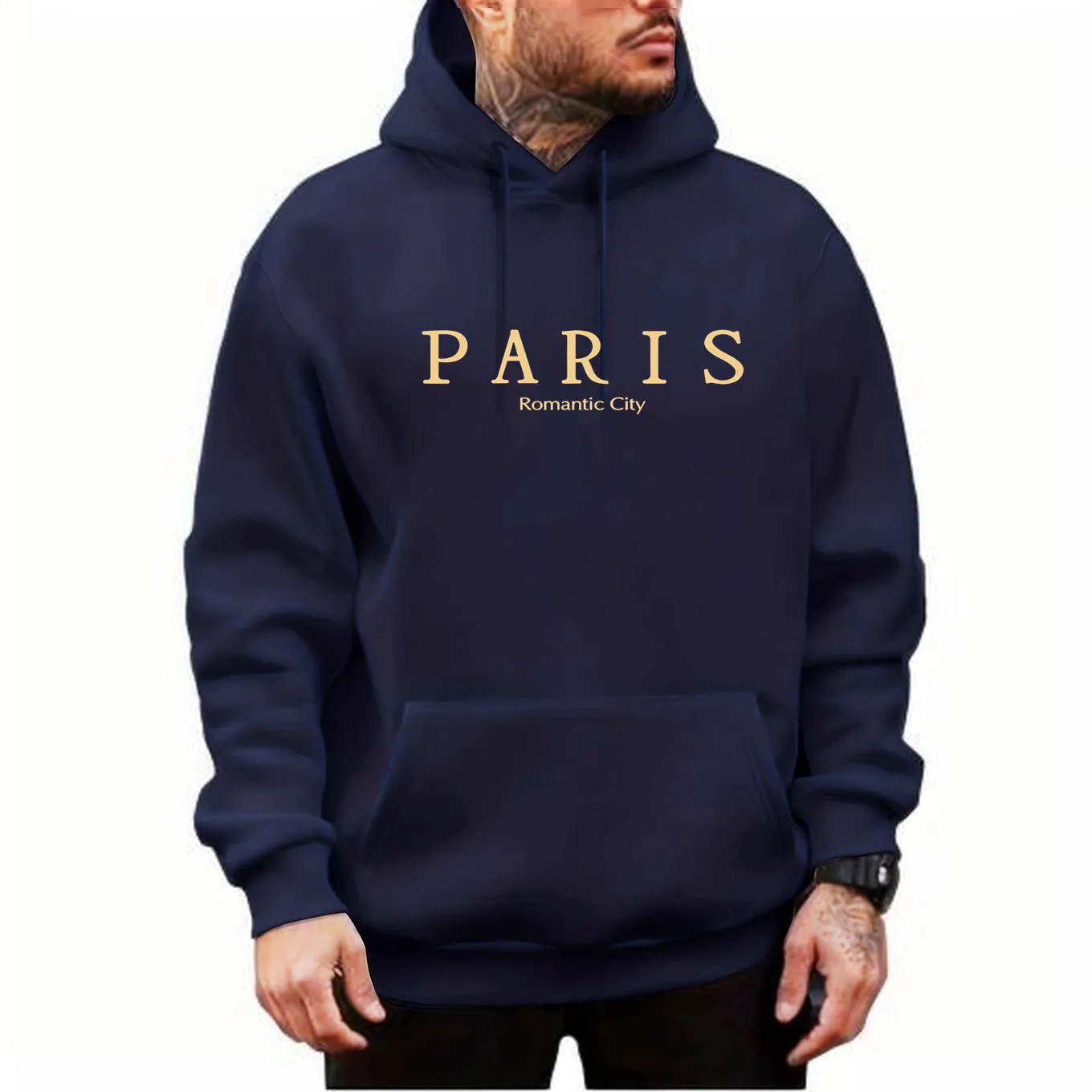 PARIS Romantic City Print, Sweatshirt With Long Sleeves, Men\'s Creative Slightly Flex hooded Pullover For Spring Fall And Winter